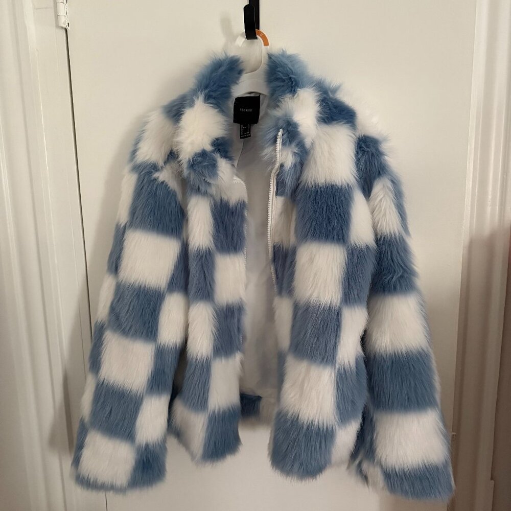 NEW Forever 21 Baby Blue and White Checkered Faux Fur Coat